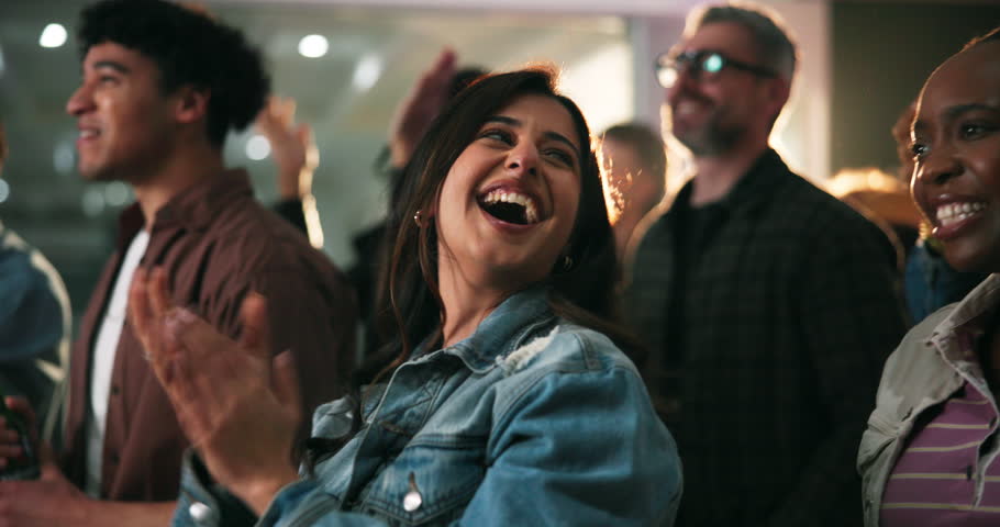 Happy people, fans or applause with crowd, celebration or high five for community or success. Excited group, friends or audience with cheerful clapping for victory, streaming entertainment or support