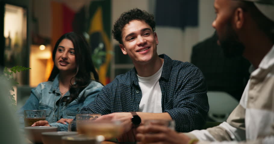 Friends, restaurant and man with phone for digital payment, server and cashless transaction. Mobile app, electronic wallet and people with pos machine for purchase, fintech and customer convenience