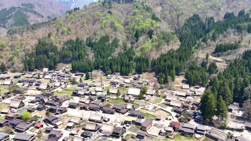 Shirakawago, Japan, Aerial pan down on village centre