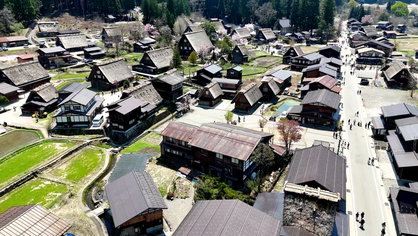 Shirakawago, Japan, Aerial. Rotating village centre