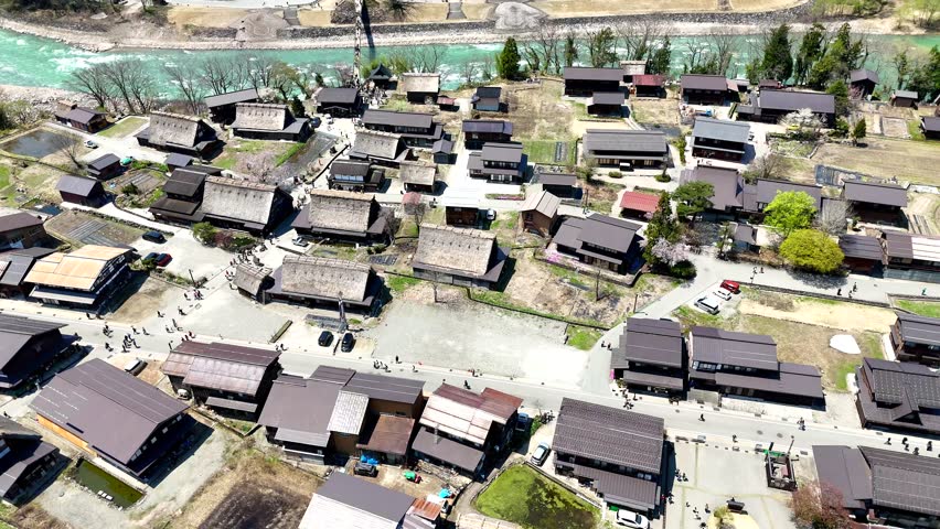 Shirakawago, Japan, Aerial. rotating village centre