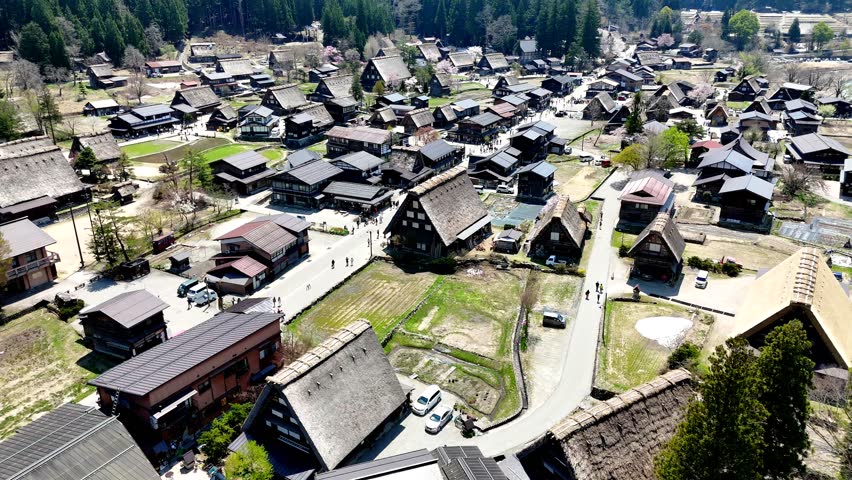 Shirakawago, Japan, Aerial. pull back crane shot