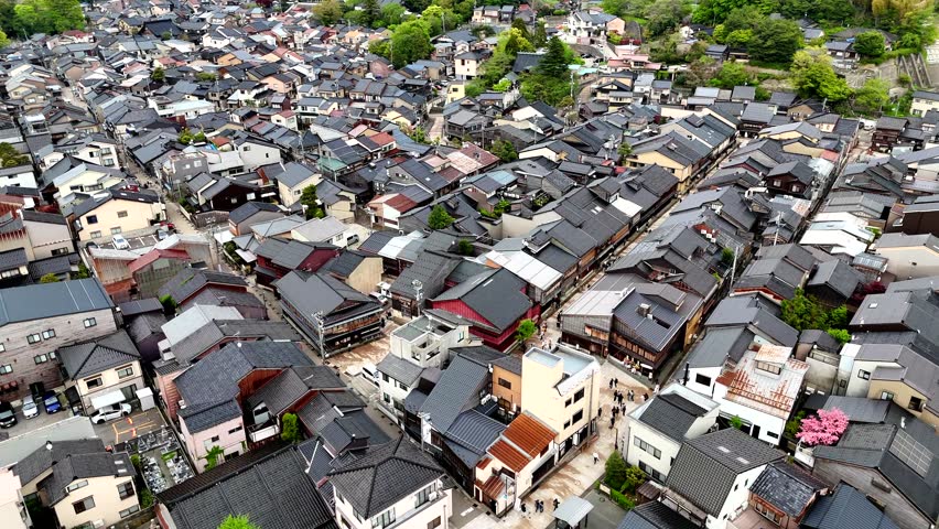 Drone video of Kanazawa, Japan, looking down on geisha district