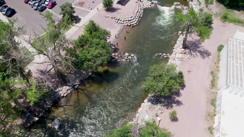 Aerial footage of people in the Arkansas River in Canon City, Colorado