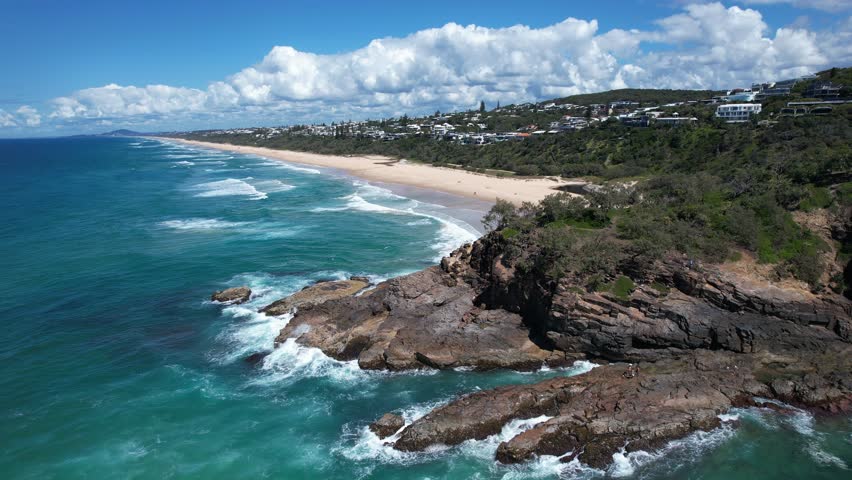 Sunshine Beach And Rocky Coastline Hit By Rough Waves In QLD, Australia. - aerial shot