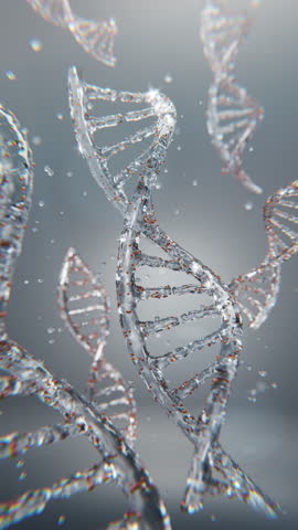Elegant DNA strand visualization in crystal clear style. Ideal for skincare, collagen science, cosmetic innovation, vertical beauty commercials, and advanced biotechnology concepts.