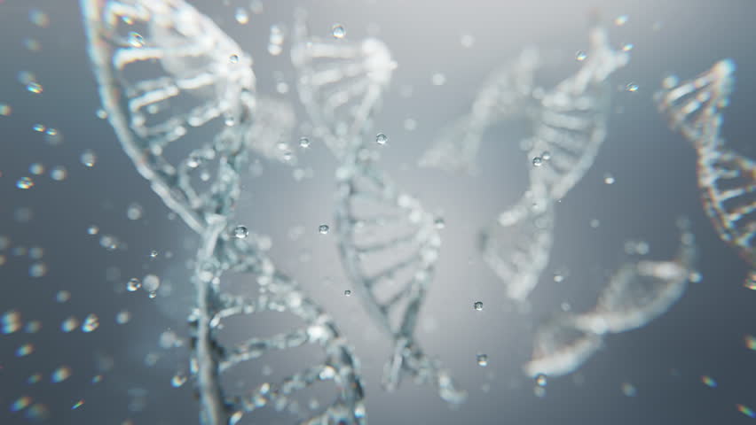 3D animation of crystal DNA helix strands with sparkling light and water texture. Perfect for skincare, cosmetic science, anti-aging concepts, and biotechnology projects.