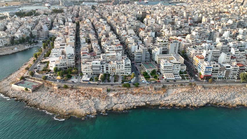 Aerial footage of Piraeus near Athens, Greece