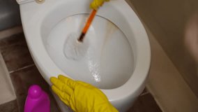 Close-up of a woman in yellow rubber gloves scrubbing a toilet bowl with a brush and cleaner, creating foam on the porcelain surface. Bathroom hygiene, housekeeping, sanitation, cleaning routine. - Powered by Shutterstock - Get 15% off with code: PIKWIZARD15