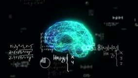 Glowing digital brain rotating in 3D space, surrounded by floating mathematical equations and formulas, symbolizing artificial intelligence and advanced technology. 4k footage - Powered by Shutterstock - Get 15% off with code: PIKWIZARD15