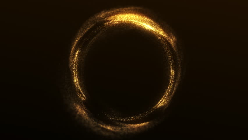 Golden vortex sphere made of glowing particles on dark background. Futuristic abstract 4K seamless loop with luminous energy flow and circular motion.