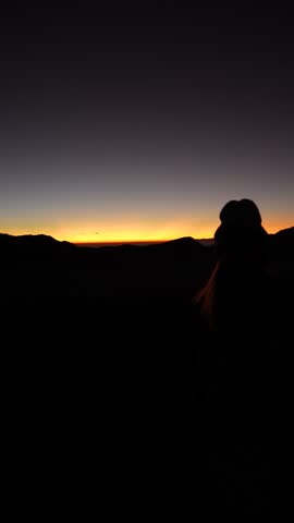 Silhouette of woman watching golden sunrise atop Mt. Bromo, peaceful volcanic backdrop, vertical