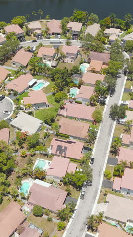 Vertical Drone Shot of Rich Residential Neighborhood in Florida USA, Expensive Homes ny Lakes