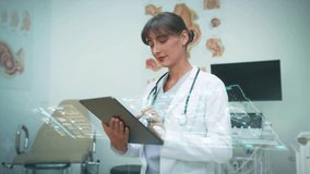 A Female Doctor Utilizing Digital Technology in a Modern Medical Office Setting. A physician is meticulously analyzing patient data on a sleek tablet within a contemporary medical office setting - Powered by Shutterstock - Get 15% off with code: PIKWIZARD15
