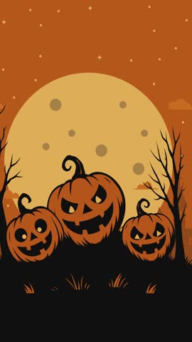 Halloween Night 2D Animation Seamless Loop Illustration with Pumpkins, Bats, and Full Moon