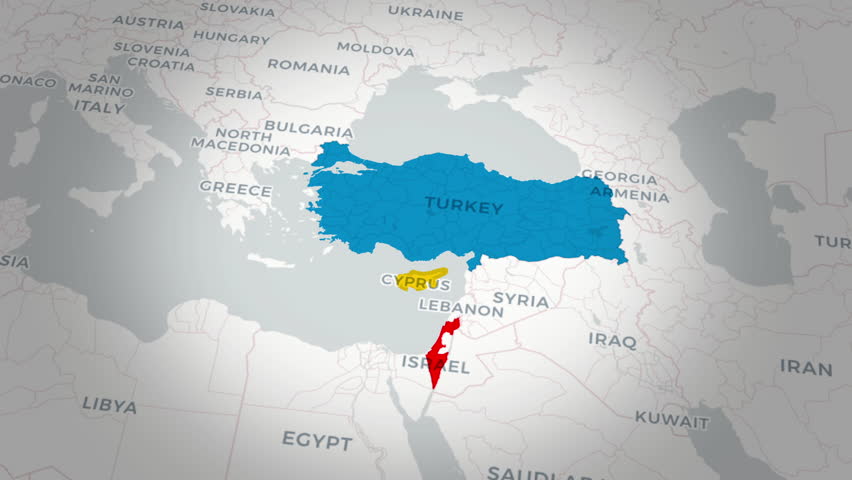 Israel, Turkey, and Cyprus Country Maps Showing Borders and Geographic Locations