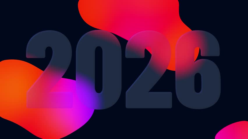 Glassmorphism effect logo 2026, typography 2026, animation of bright gradient neon background for new year celebration, transparent frosted glass effect. Concept: holiday, christmas, congratulations