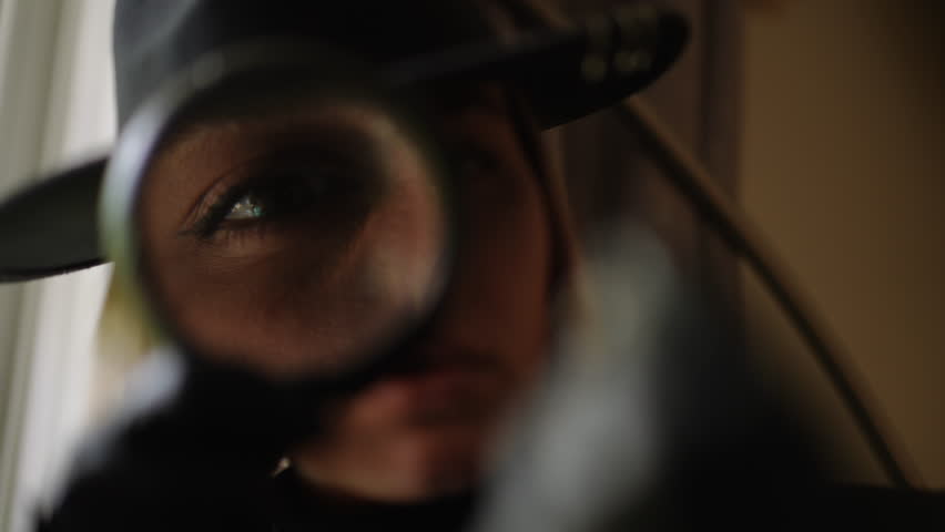 A closeup image of an investigator intently using a magnifying glass, showcasing deep intrigue and curiosity