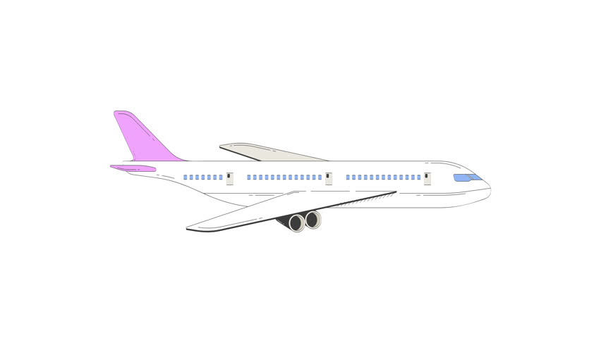 Side view of commercial airplane soaring 2D object doodle animation. Modern air travel and aviation. Aircraft sideview animated flat element isolated on white background. Cartoon 4K video drawing