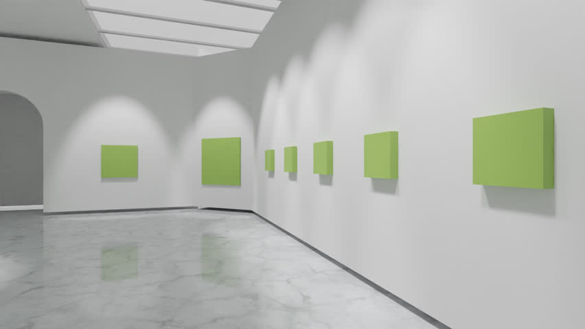 Minimalist 3D render of a white gallery interior with empty green canvases on the walls, clean architectural animation for art exhibitions, branding visuals, creative presentations