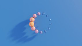Small 3d blue spheres arranged in circular formation change size and color to orange on blue surface, producing surreal abstract background with conceptual futuristic minimal animation - Powered by Shutterstock - Get 15% off with code: PIKWIZARD15