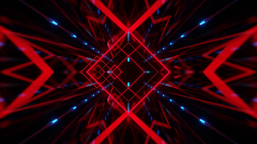 A 3d animated dark, futuristic tunnel is lit by a vibrant, geometric pattern of red and blue neon lights.