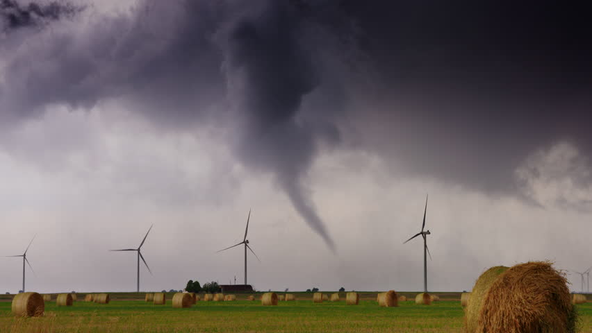 A dramatic tornado spins across farmland under dark, stormy skies, with swirling debris and powerful winds showcasing the intense force of nature and severe weather threat