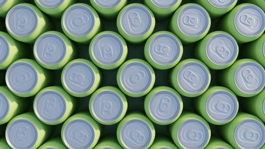 Top view of green soda cans arranged in neat rows creating a geometric minimal 3d abstract background