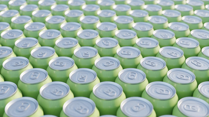 Rows of green soda cans organized in a precise grid pattern on a dark surface, forming a modern abstract 3d background