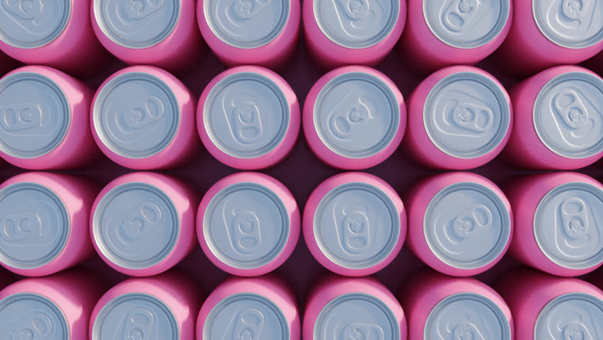 Top view of pink soda cans aligned in perfect rows forming a geometric 3d abstract background