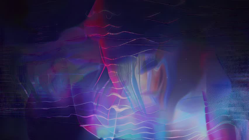 Translucent flowing holographic smoky waves in violet and cyan tones, mixed with chromatic distortion, glitch static noise, and analog VHS grain forming a dreamy futuristic film texture