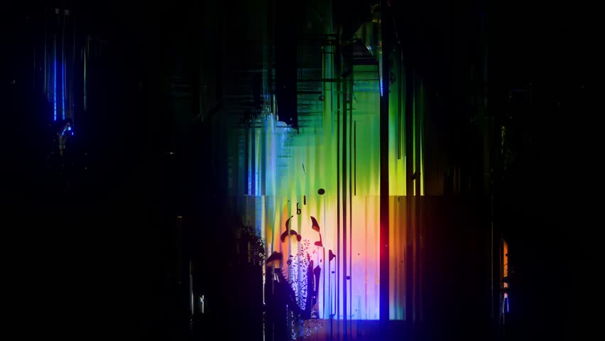 Neon data pillars on black with vertical glow columns, scanline glare and chromatic bloom, futuristic city core ambience with soft RGB bleed and granular grunge noise glitch effect