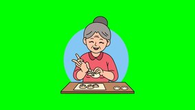 Elderly grandmother making dumplings at table with dough wrappers and handmade dumplings in flat cartoon style. - Powered by Shutterstock - Get 15% off with code: PIKWIZARD15