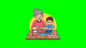 Grandmother and grandson making dumplings together at kitchen table with dough, flour, filling bowls and rolling pin - Powered by Shutterstock - Get 15% off with code: PIKWIZARD15