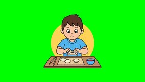 Little boy making dumplings at table with dough, chopsticks, and dipping sauce in flat cartoon style - Powered by Shutterstock - Get 15% off with code: PIKWIZARD15