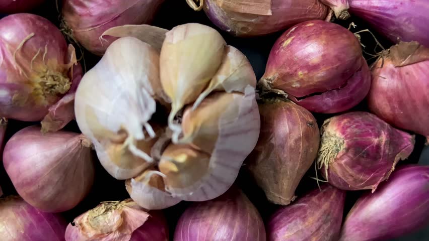 Garlic, Red Onion, and Shallot on Woven Mat