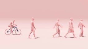 Side view of stylized pink human models walking and riding a bike on a clean studio backdrop - Powered by Shutterstock - Get 15% off with code: PIKWIZARD15