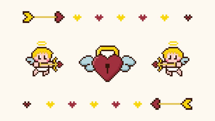 8-bit pixel art winged red heart lock with cupid shooting arrow looped animation 4k 30fps, Valentine’s Day theme