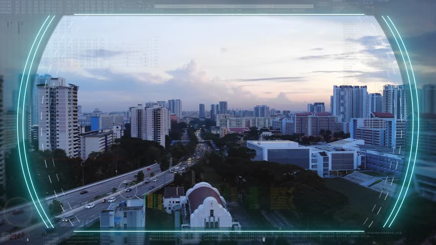 aerial surveillance hud monitoring morning traffic, cars on highway 4k video