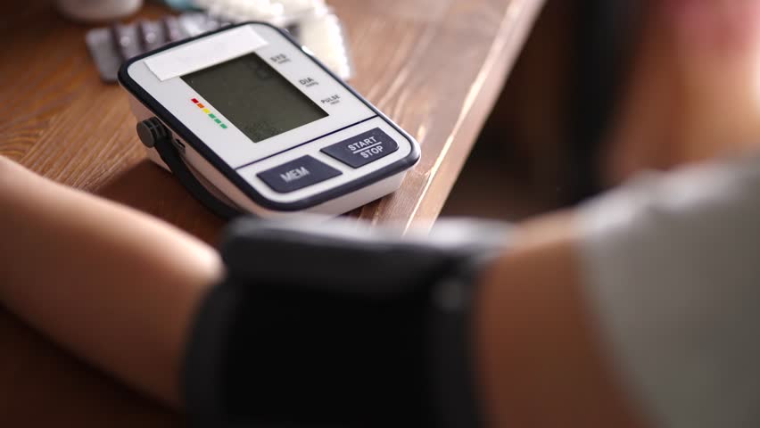 Blood Pressure Measurement With An Electronic Monitor, A Healthcare Patient Cares For Hypertension, Medical Device For Self-Monitoring, Wellness Checkup, Preventing Health Issues. Health Awareness