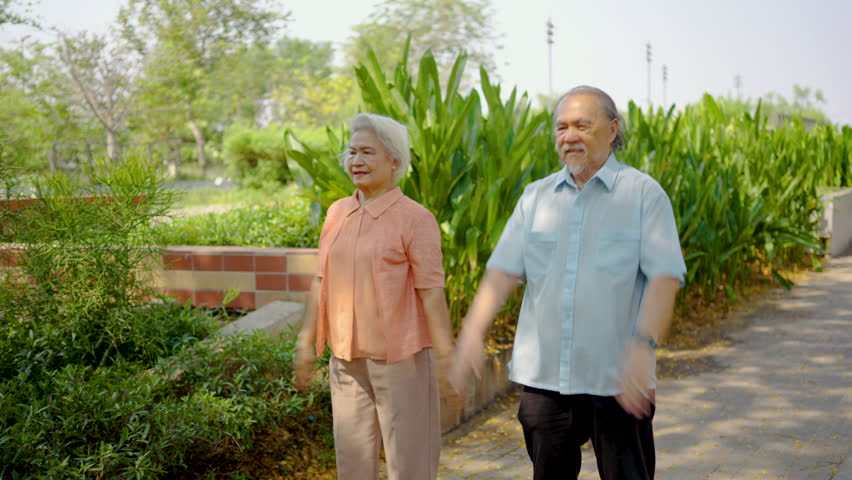An elderly asian couple engages in light exercise, joyfully shaking their hands and moving their arms. The warm summer morning creates a perfect backdrop for their active lifestyle in the park.