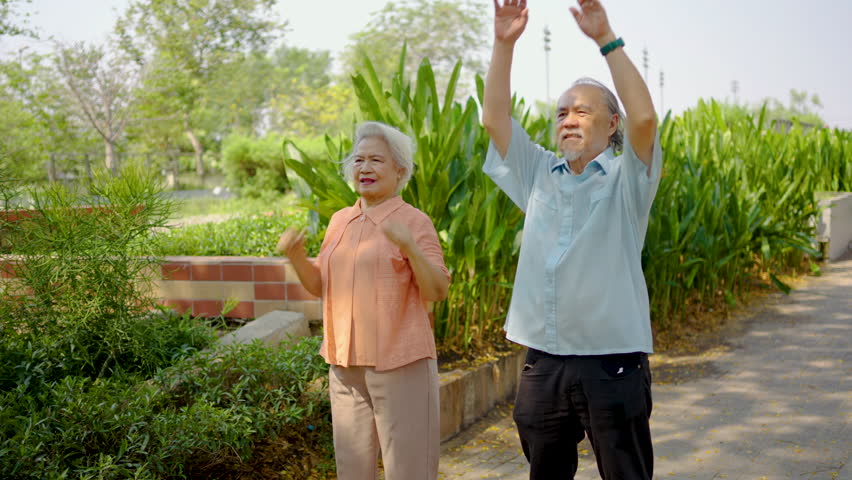An elderly asian couple engages in light exercise, joyfully shaking their hands and moving their arms. The warm summer morning creates a perfect backdrop for their active lifestyle in the park.