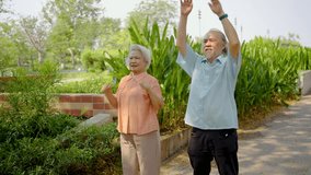 An elderly asian couple engages in light exercise, joyfully shaking their hands and moving their arms. The warm summer morning creates a perfect backdrop for their active lifestyle in the park. - Powered by Shutterstock - Get 15% off with code: PIKWIZARD15