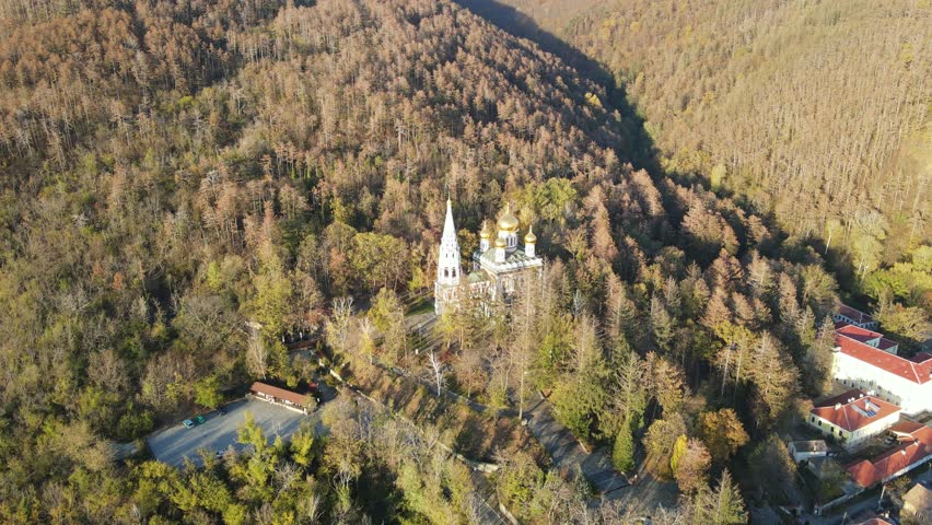 Aerial view of Shipka Monastery Holy Nativity, known as Russian church in town of Shipka, Stara Zagora Region, Bulgaria