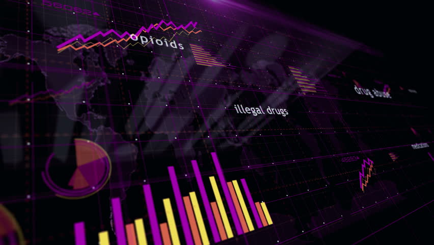Drug abuse and pharmacy addiction charts and graphs diagram seamless and loopable 3d concept on screen