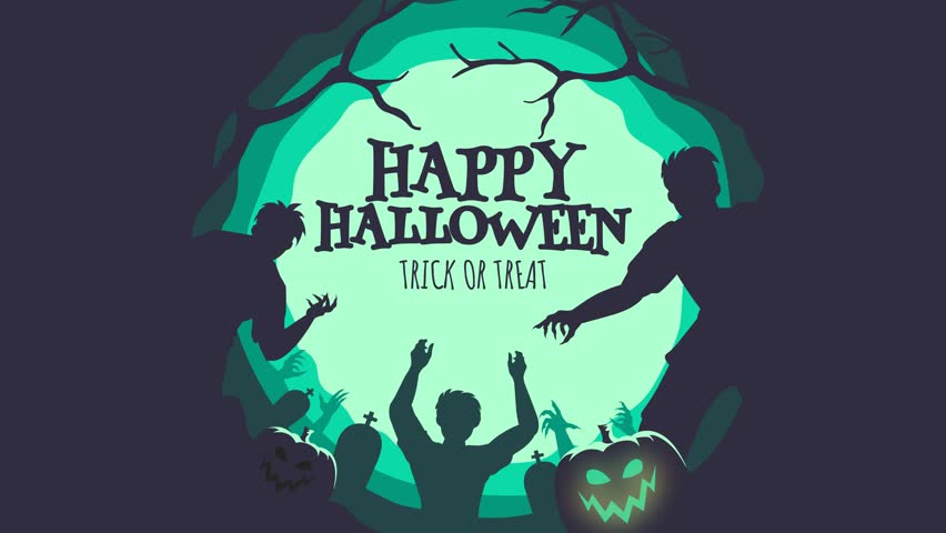 4K Halloween animation with paper cut graveyard, zombies, bats, glowing pumpkins and spooky moonlight. Perfect for eerie motion backgrounds, intros, party visuals, and seasonal video projects.