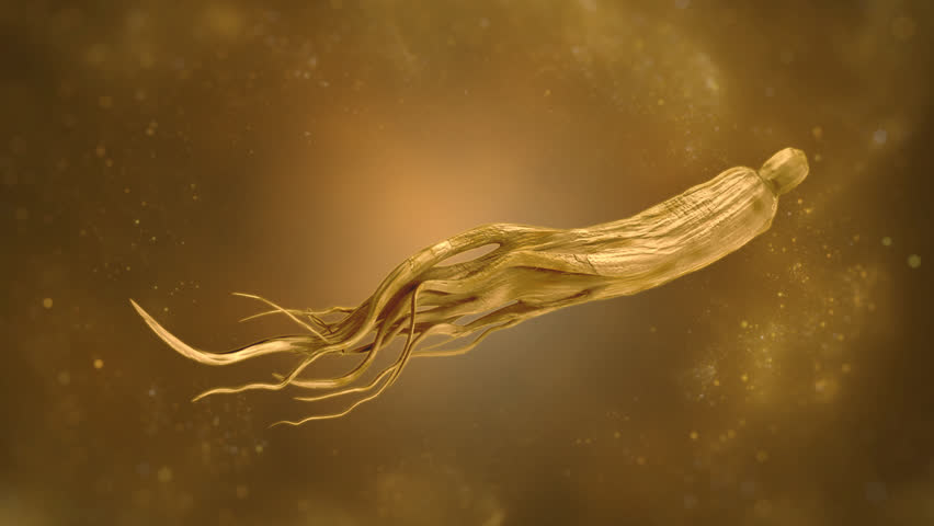 Golden Ginseng Essence Unveiling Ginseng essence powder, like shimmering golden dust, emanates from a form, trailing a sparkling stream of golden particles.