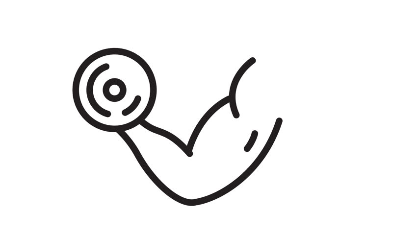 Minimal line animation of a muscular arm lifting a barbell. Simple black-and-white fitness icon representing strength, training, and workout progress. 4K, alpha channel.