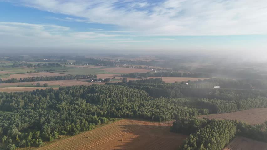 Panoramic drone view of farmland and forest with straw bales on harvested field. Morning mist and blue sky highlight peaceful rural scenery in early sunlight.
