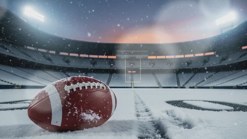 American football ball on grass stadium with snow in winter